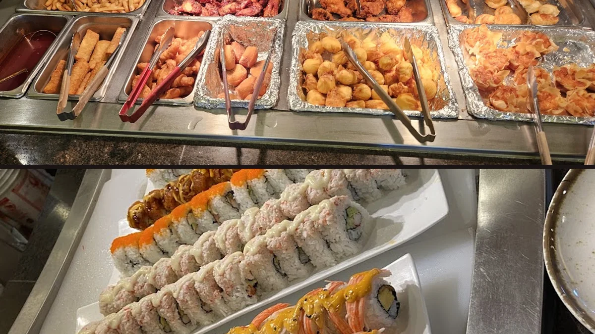 Sushi rolls arranged on a display counter.