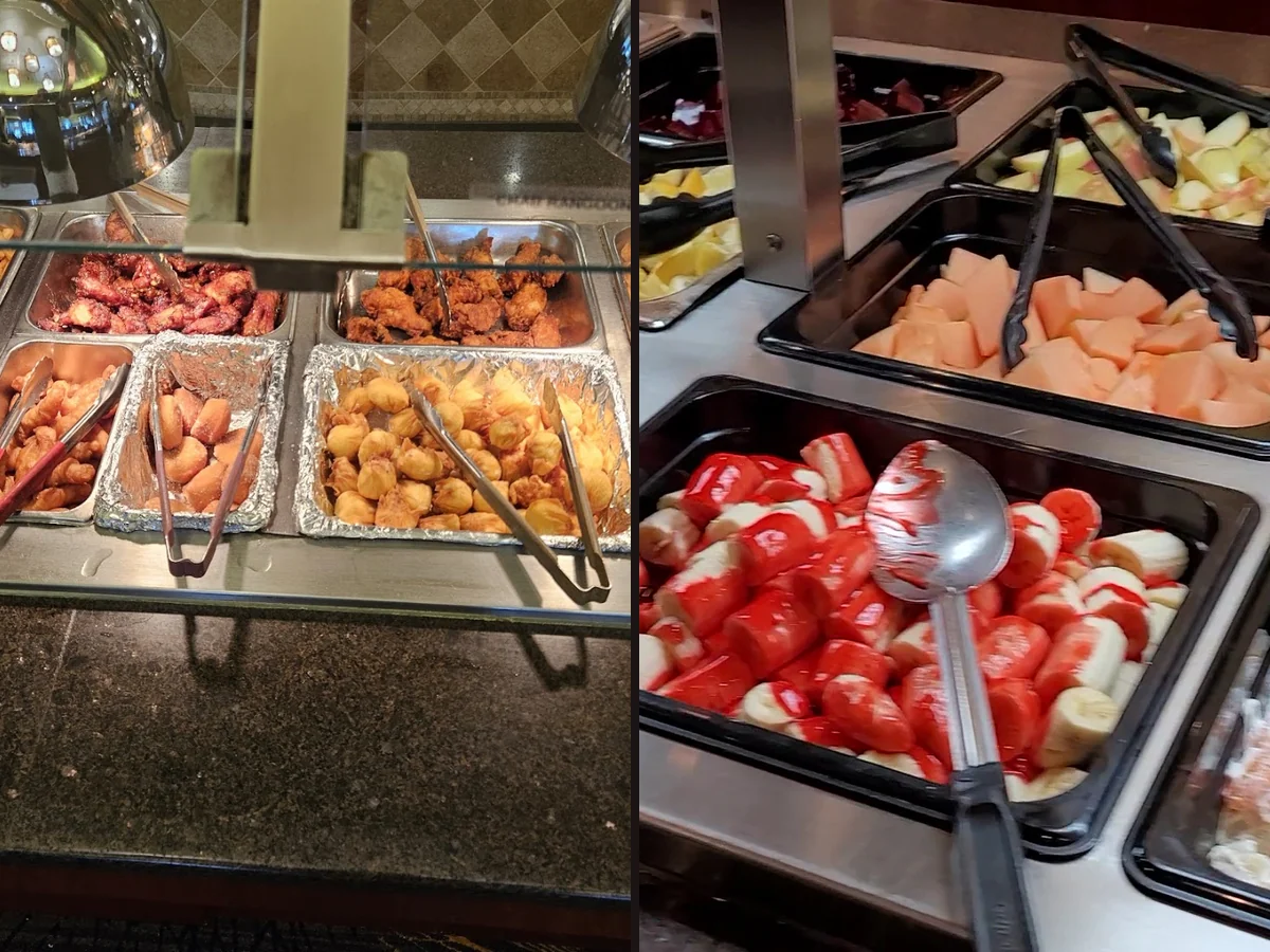 Grilled meats served beside hot buffet pans.