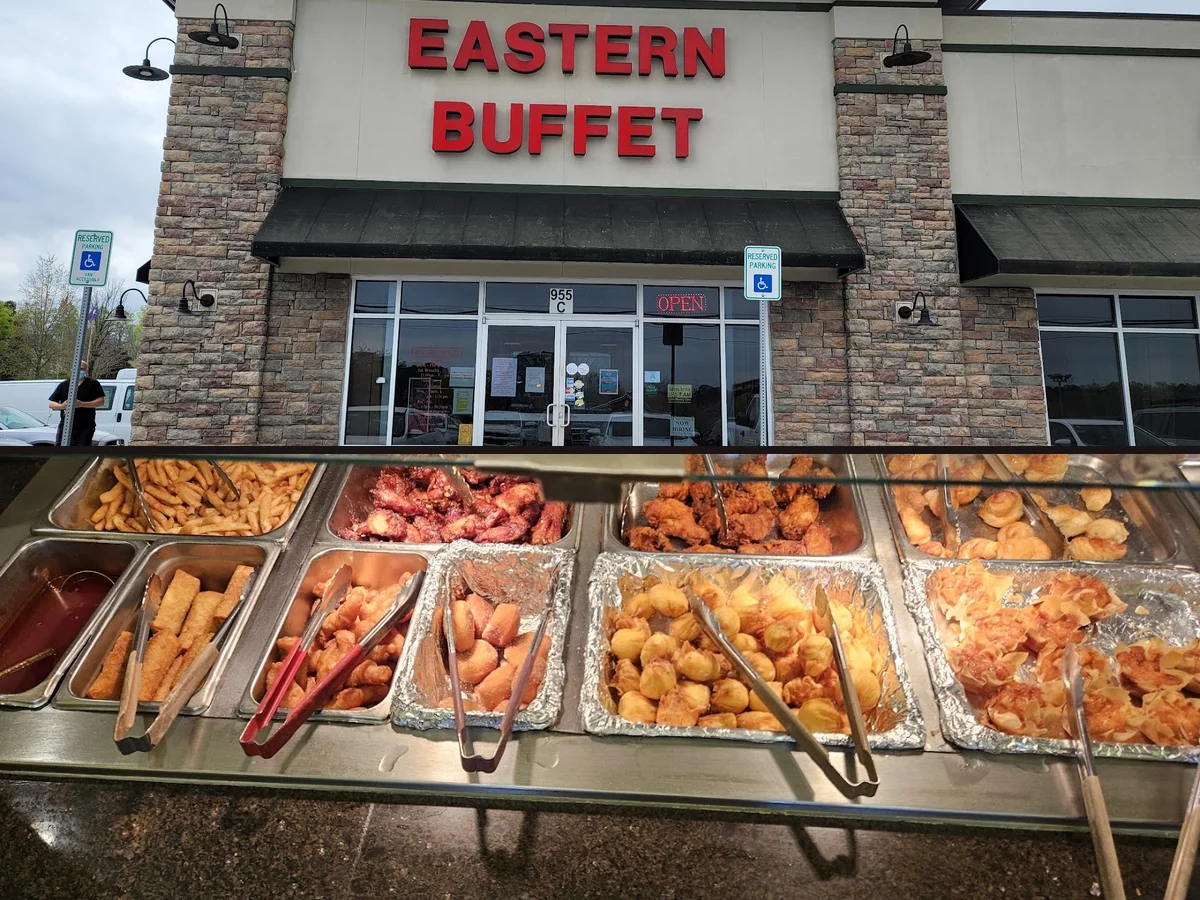 Buffet trays with assorted Asian dishes.