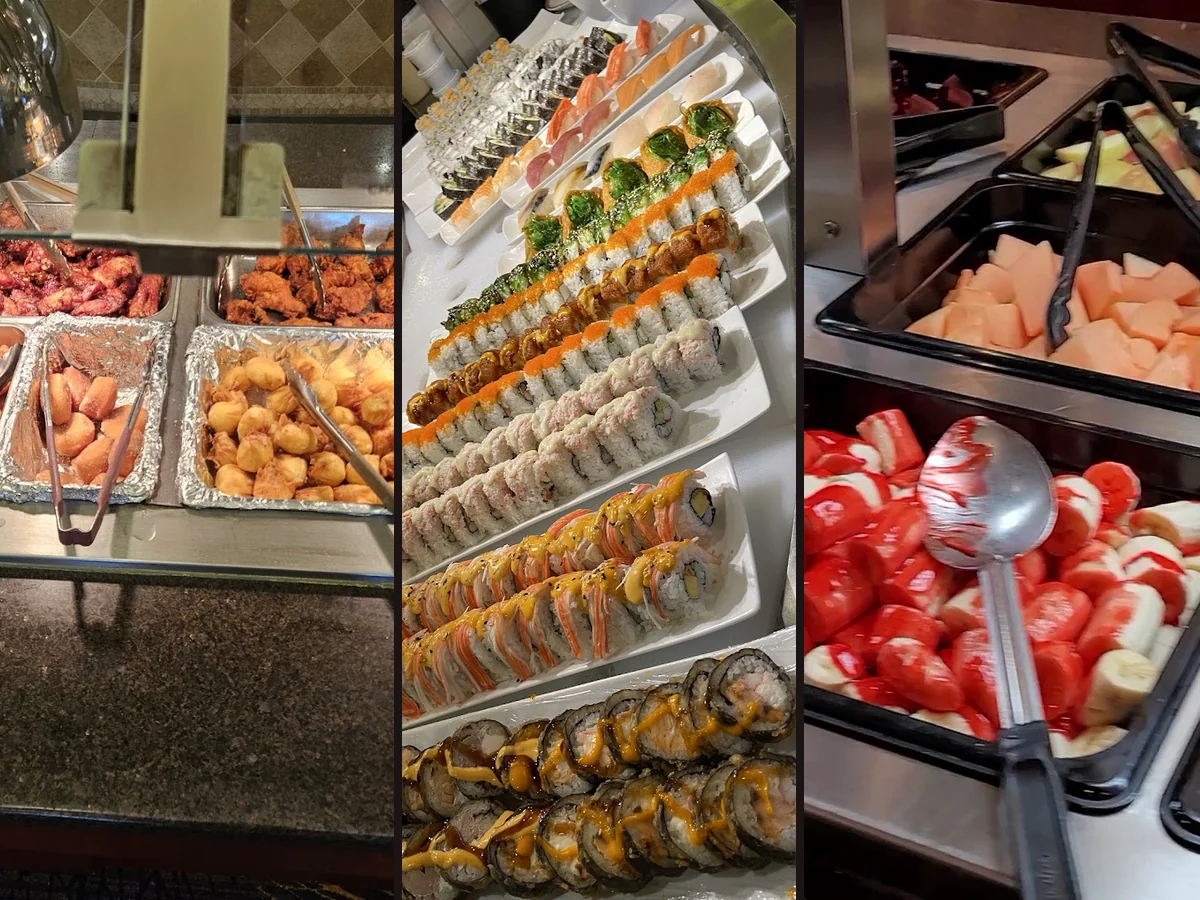 Sushi rolls arranged on a display counter.