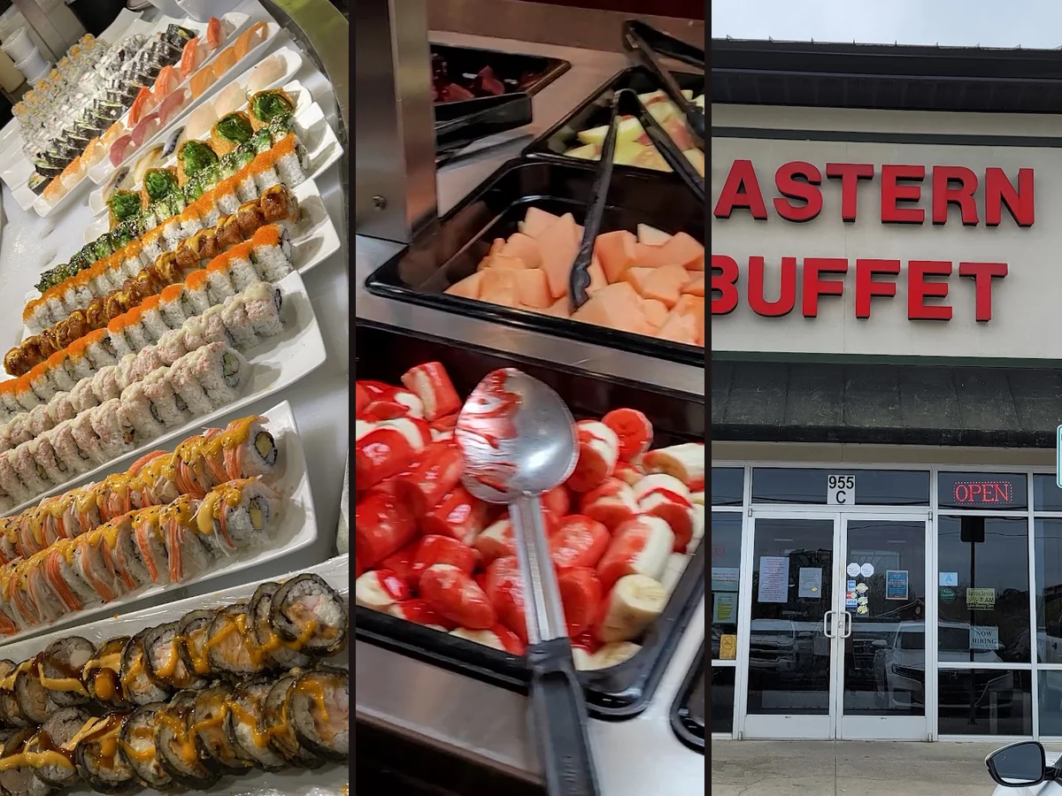 Grilled meats served beside hot buffet pans.