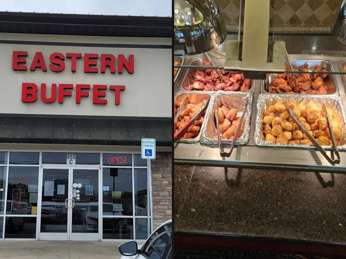 Buffet trays with assorted Asian dishes.