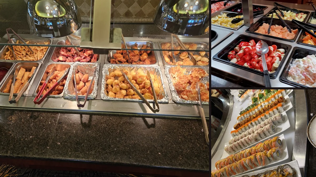 Grilled meats served beside hot buffet pans.